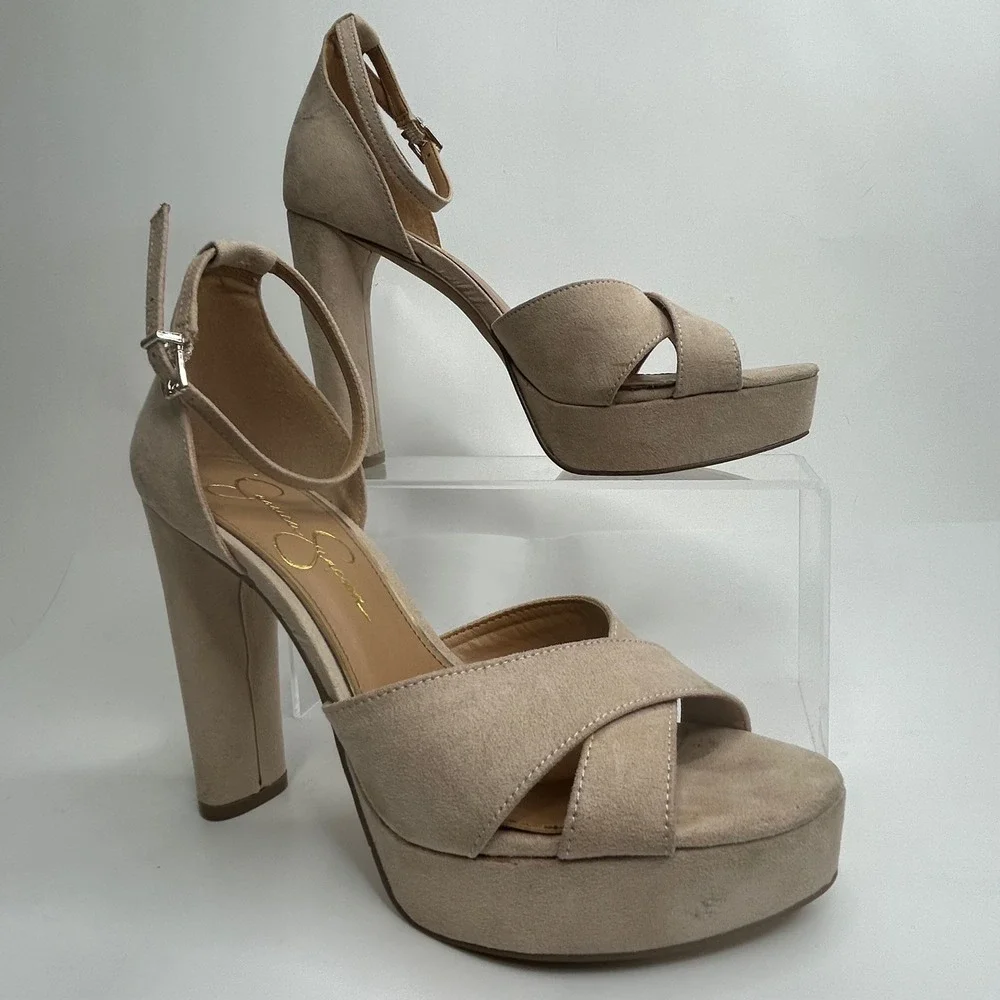 Jessica Simpson Irbella Faux Suede Platform Sandal Block Heels Tan‎ Womens 8M